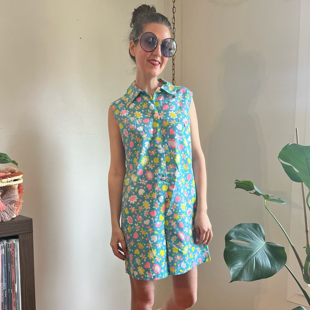 60s Vintage Blue Bee Print Romper - Picture 7 of 9